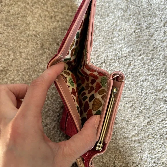 Vendula London Autumn Burgundy Fabric trifold Wallet Bird Patch & coin purse - Picture 10 of 11